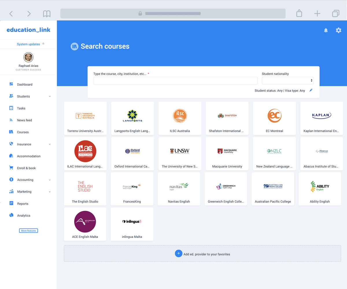 International education software with course search