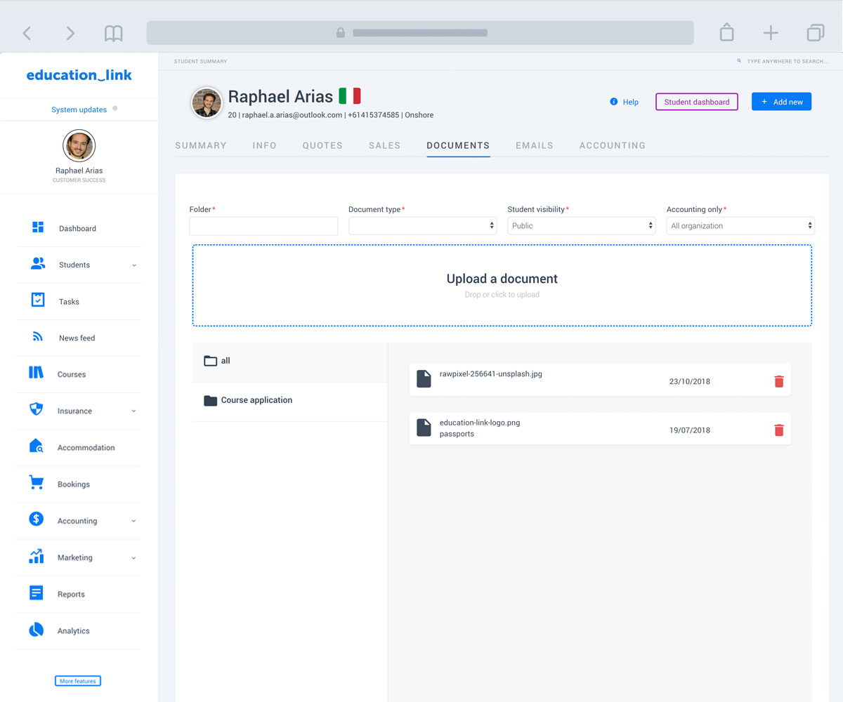 Education software and agent management system, with integrated student CRM.