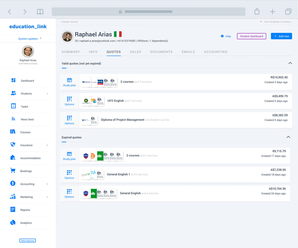 Education software and agent management system, with integrated student CRM.