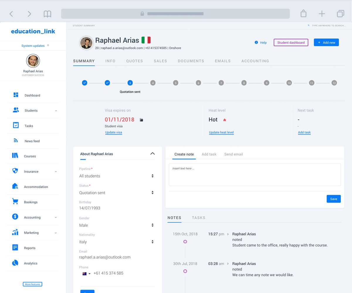 Education software and agent management system, with integrated student CRM.